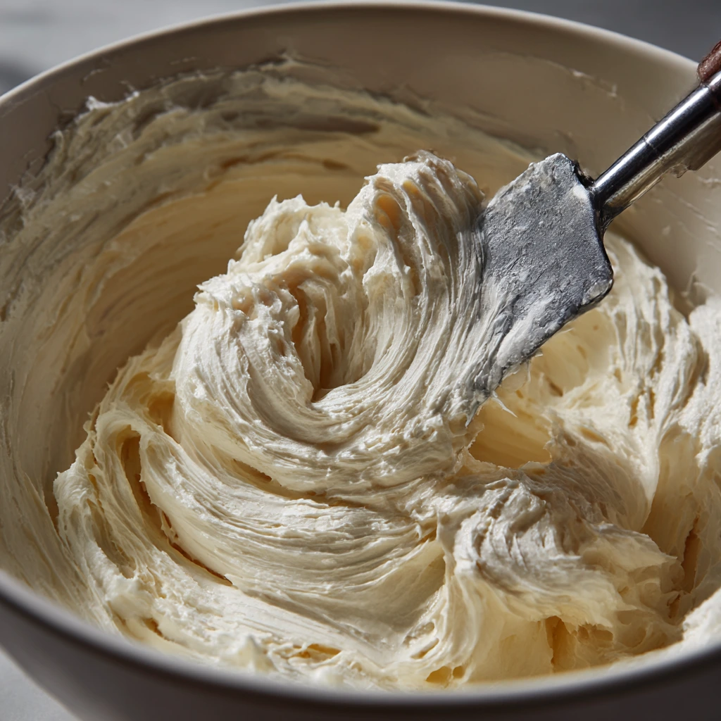 Thick no-bake cheesecake filling in a mixing bowl with a spatula, showing a smooth, fluffy texture.