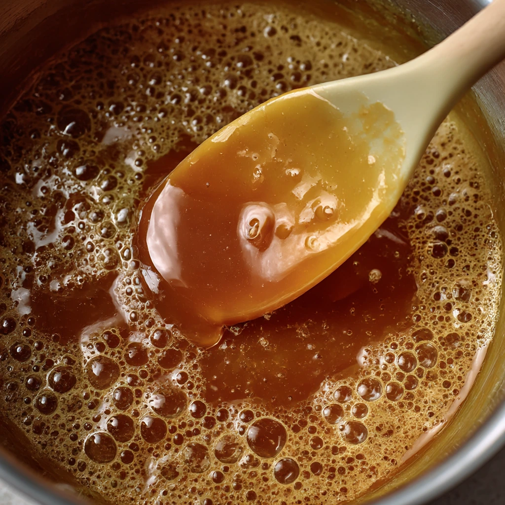 Caramel sauce bubbling in a saucepan with a spoon lifting a glossy swirl of caramel.
