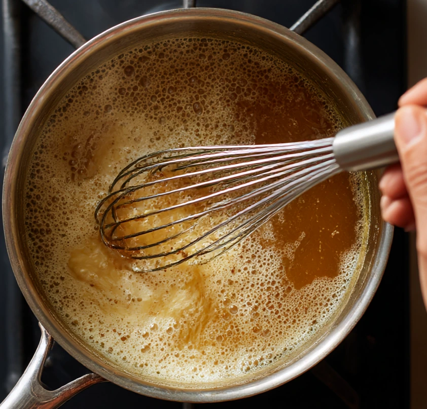 Whisk stirring bubbling caramel sauce in a saucepan on the stovetop.