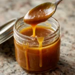 Spoon lifting thick caramel sauce above an open glass jar, with caramel dripping down the rim on a speckled countertop.