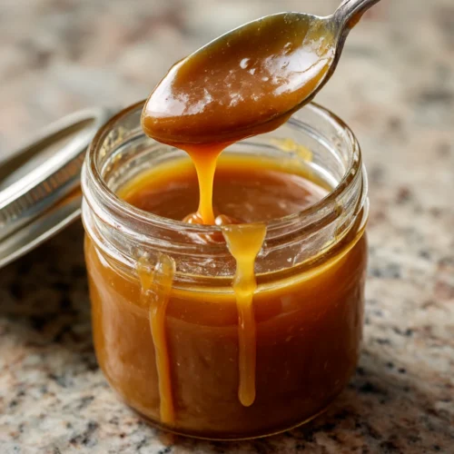Spoon lifting thick caramel sauce above an open glass jar, with caramel dripping down the rim on a speckled countertop.