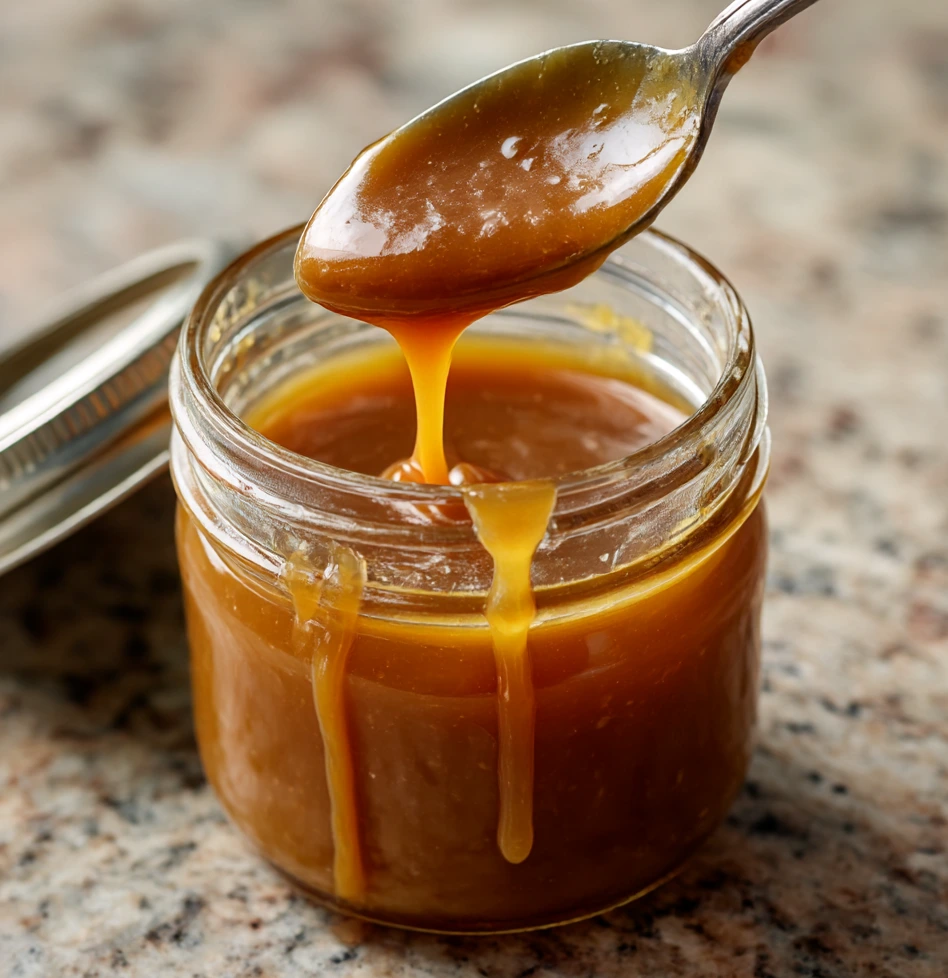 Spoon lifting thick caramel sauce above an open glass jar, with caramel dripping down the rim on a speckled countertop.