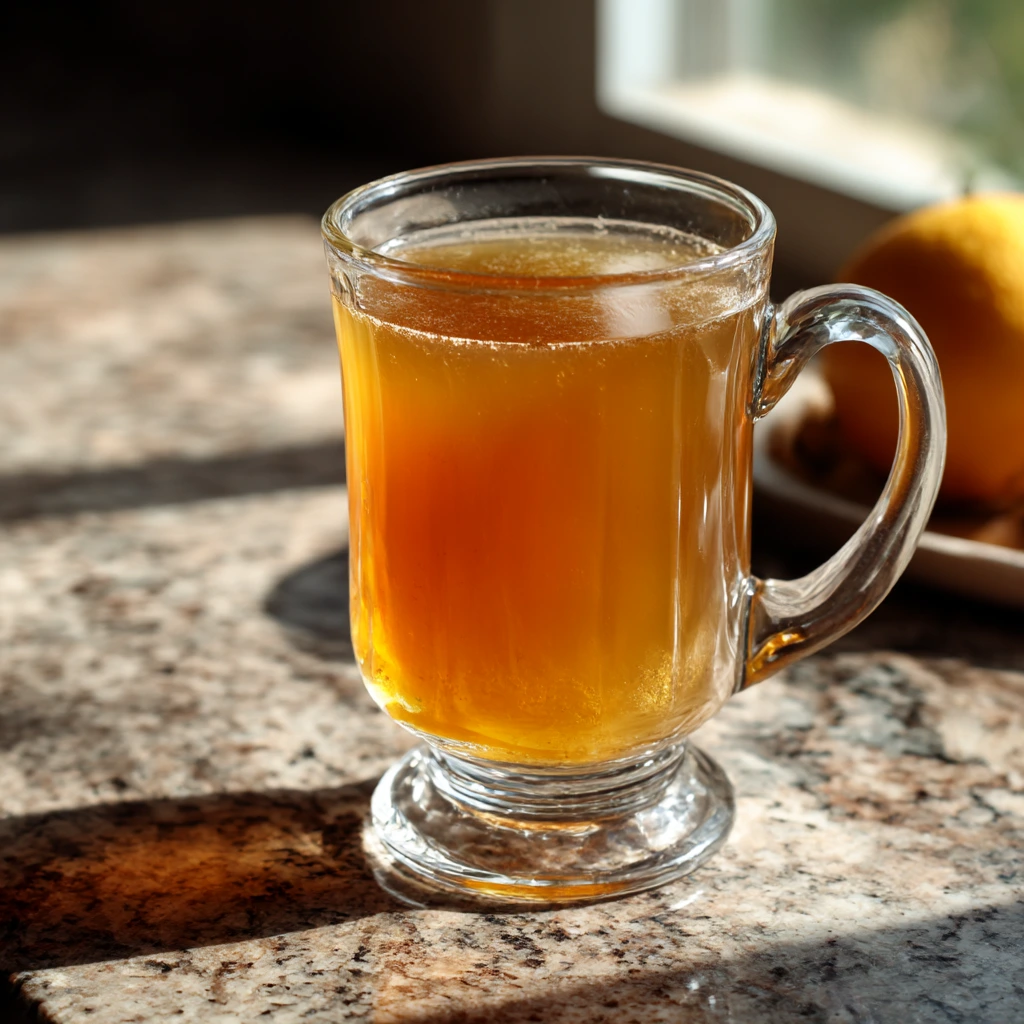 Clear glass mug filled with hot honey citrus tea on a granite countertop, lit by sunlight near a window.