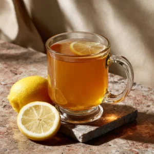 Glass mug of honey citrus tea with a lemon slice floating on top, served on a small stone coaster with a whole lemon and a lemon half on a granite countertop.