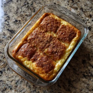 Baked sopapilla cheesecake bars in a glass dish on a granite countertop, topped with cinnamon sugar and cut into squares.
