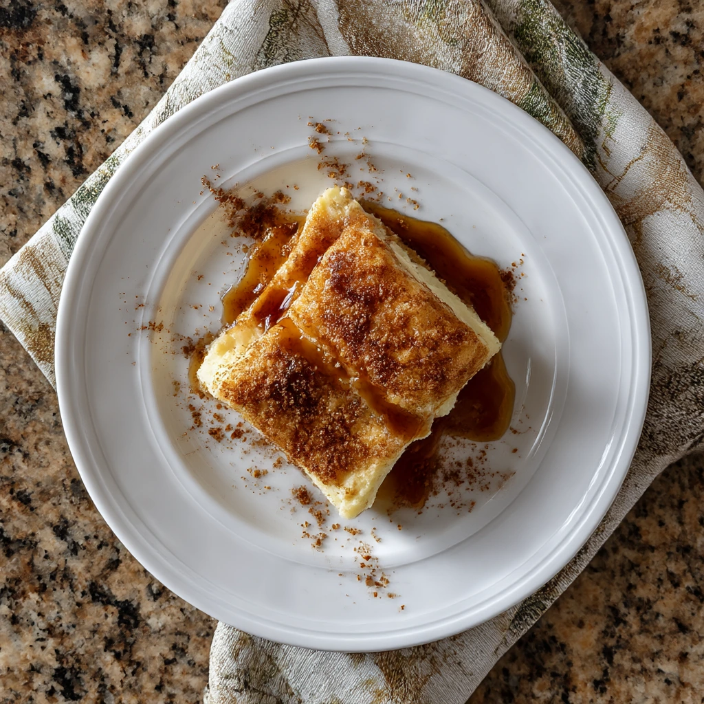 Two sopapilla cheesecake bars on a white plate with honey drizzle and a sprinkle of cinnamon sugar on a granite countertop.