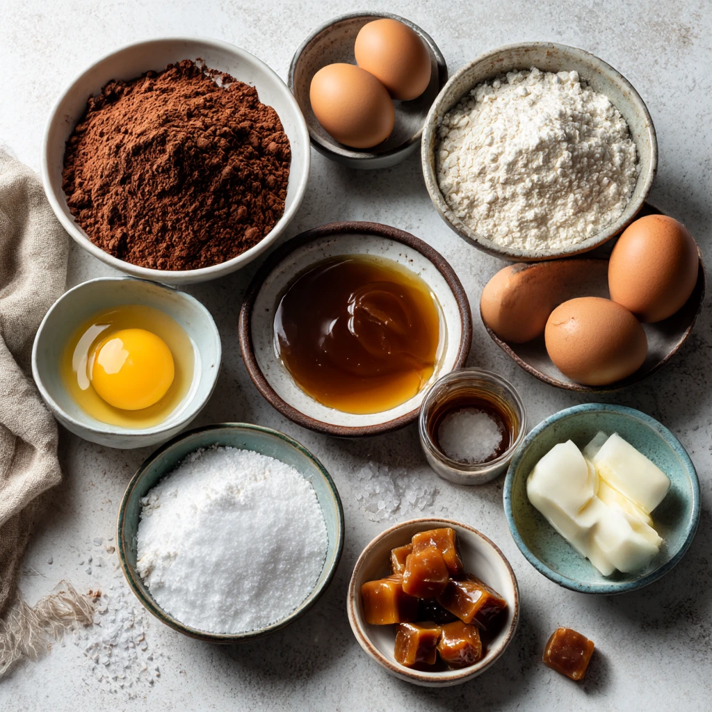 Flat lay of caramel brownie ingredients including cocoa powder, flour, eggs, sugar, butter, caramel sauce, caramel candies, vanilla, salt, and an egg yolk in bowls.