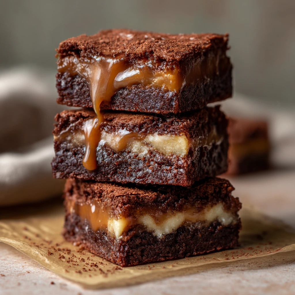 Stack of fudgy caramel stuffed brownies with a thick caramel center layer and caramel dripping down the sides.