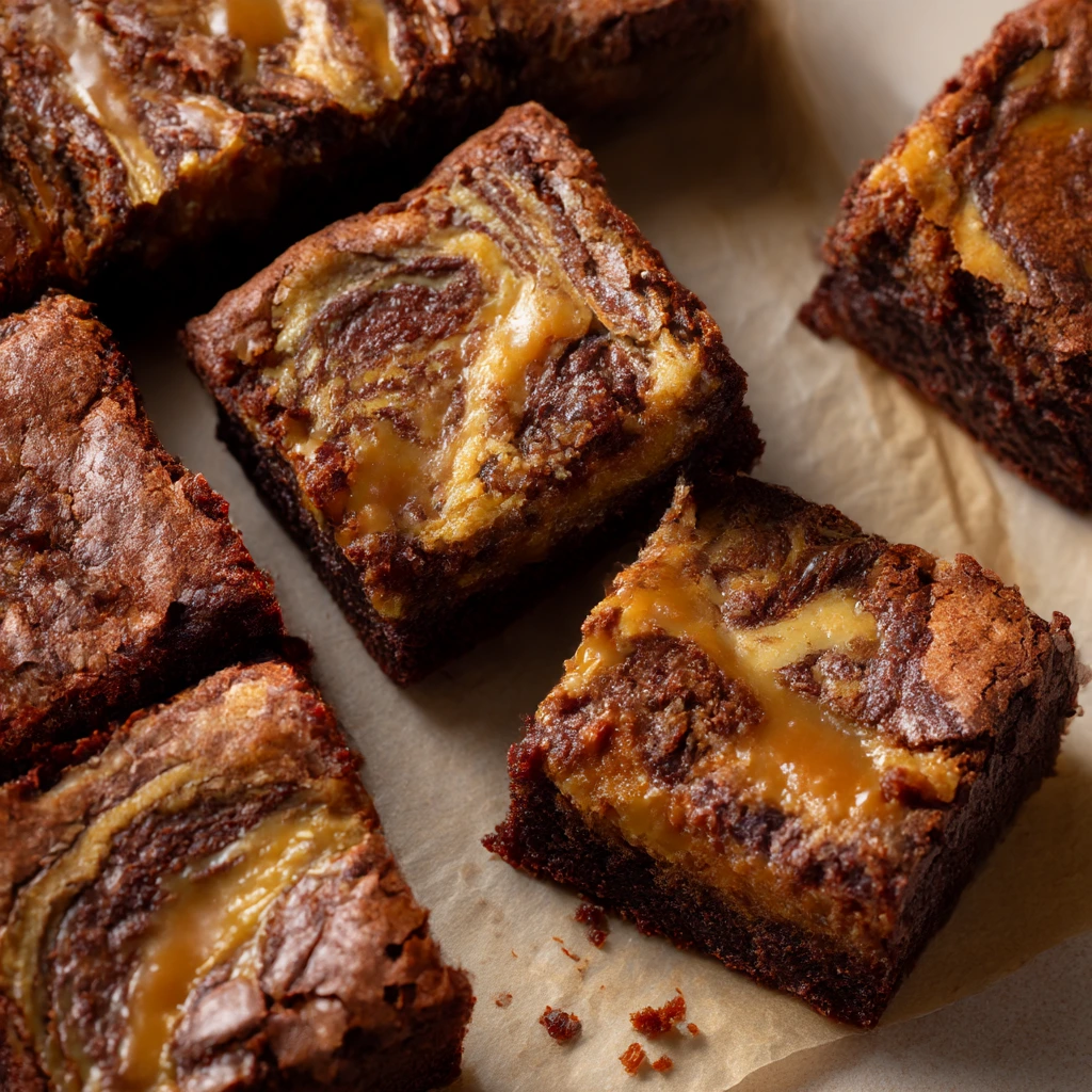 Caramel swirl brownies cut into squares on parchment paper, showing thick caramel ribbons and a fudgy chocolate center.