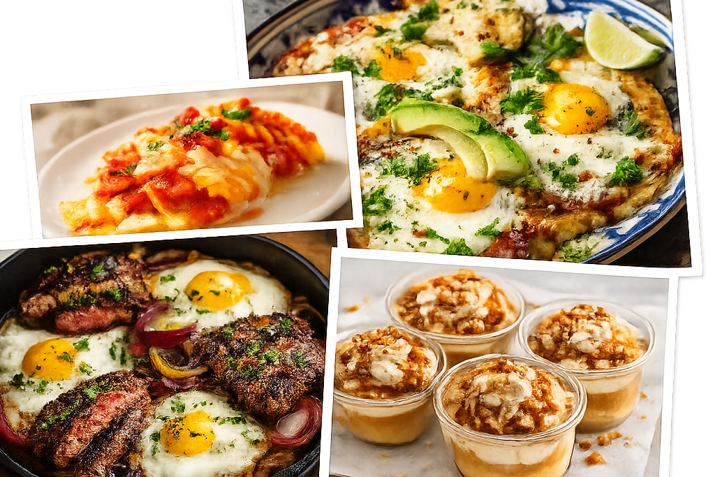 Collage of homemade recipes including steak and eggs skillet, caramel dessert cups, and huevos rancheros.