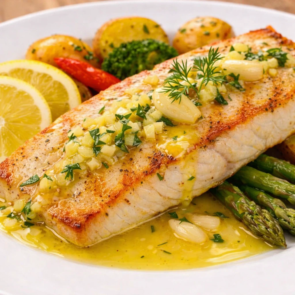Pan-seared swordfish fillet with lemon garlic butter, asparagus, and roasted potatoes on a white plate.