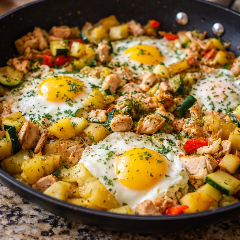 Chicken and egg breakfast skillet with potatoes, zucchini, bell pepper, and eggs cooked on top in a skillet.