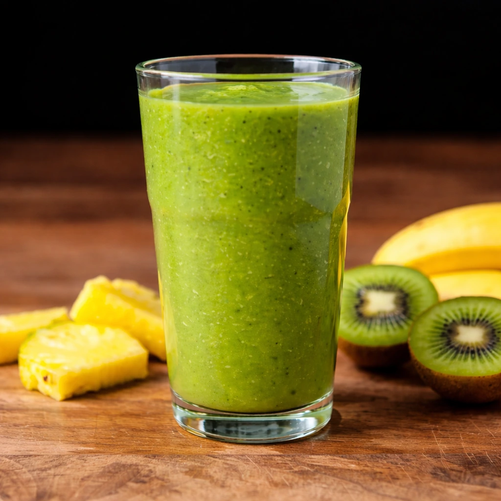 Green smoothie in a glass with pineapple, kiwi, and banana on a wooden surface.