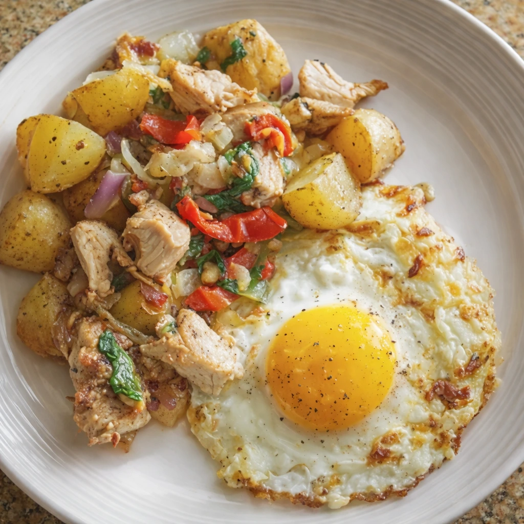 Serving of chicken and egg breakfast skillet with potatoes, chicken, peppers, onion, and a fried egg on a plate.