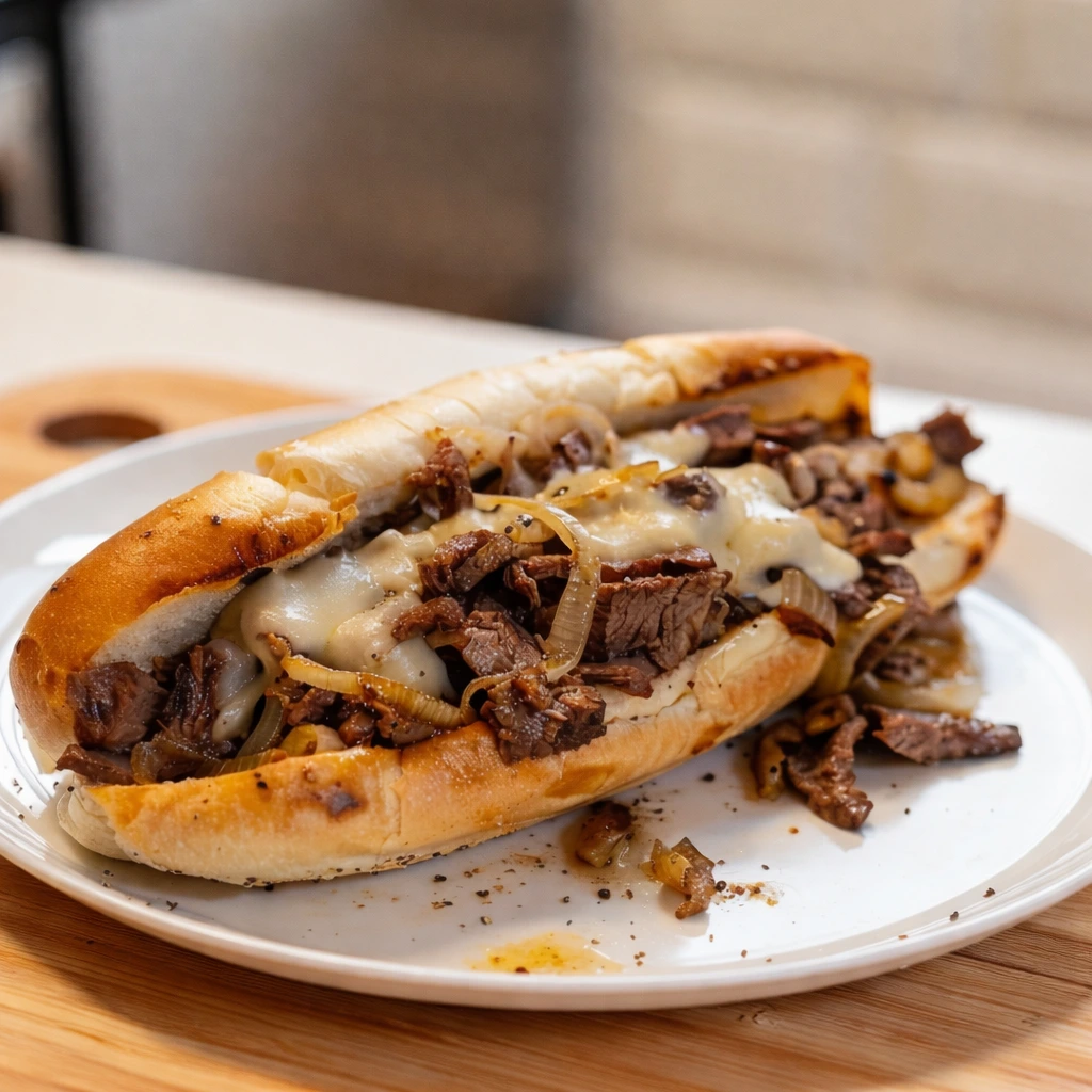 Philly cheesesteak sandwich with melted cheese, sautéed onions, and sliced beef on a toasted roll
