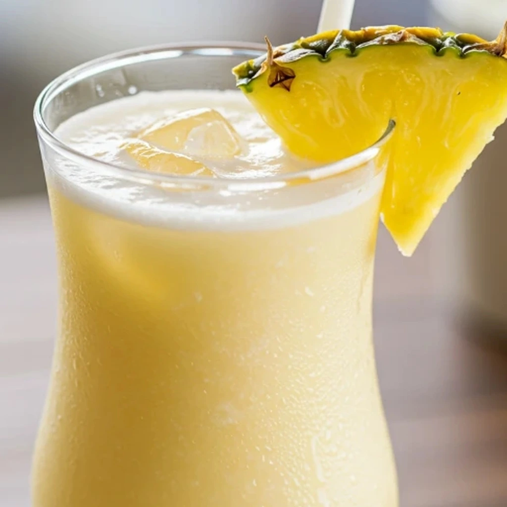 Virgin Piña Colada in a chilled glass with pineapple wedge garnish