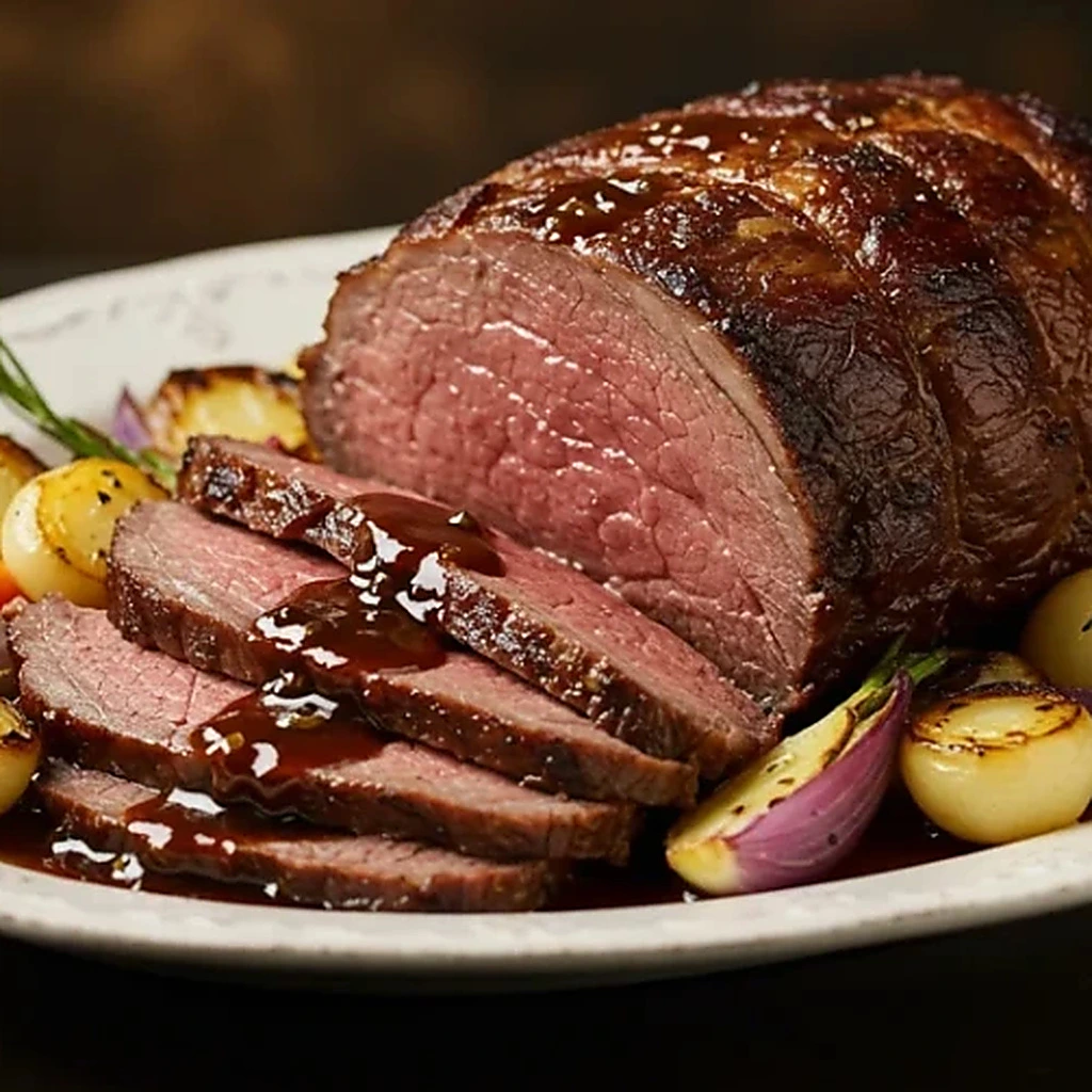 Sliced roast beef with gravy on a white platter, surrounded by roasted pearl onions, carrots, and red onions